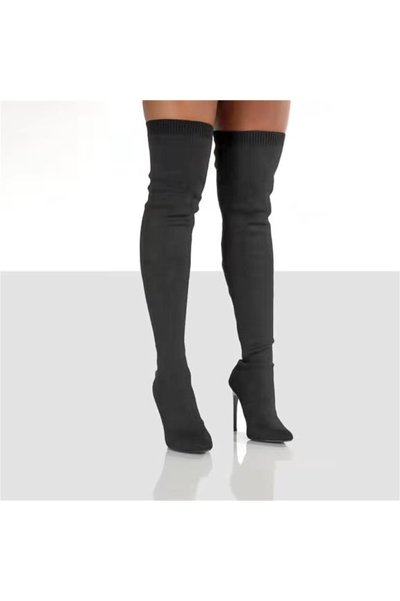 Clearance Autumn And Winter New Heel Over The Knee Boots Flying Woven Stretch Wool Sleeve Fish Mouth Women's Boots