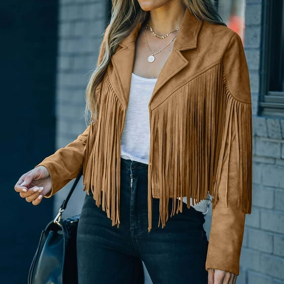 Tejiojio Fringe Coat For Women Faux Suede Leather Cowboy Style Coat Long Sleeve Tassels Cardigan Coat