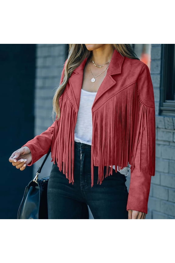 Clearance Fringe Coat For Women Faux Suede Leather Cowboy Style Coat Long Sleeve Tassels Cardigan Coat