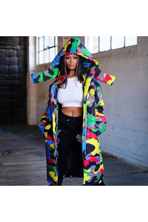 Clearance Jackets Unisex Long Sleeve Glossy Camouflage Bread Down Hooded Jacket Pockets Long Coat