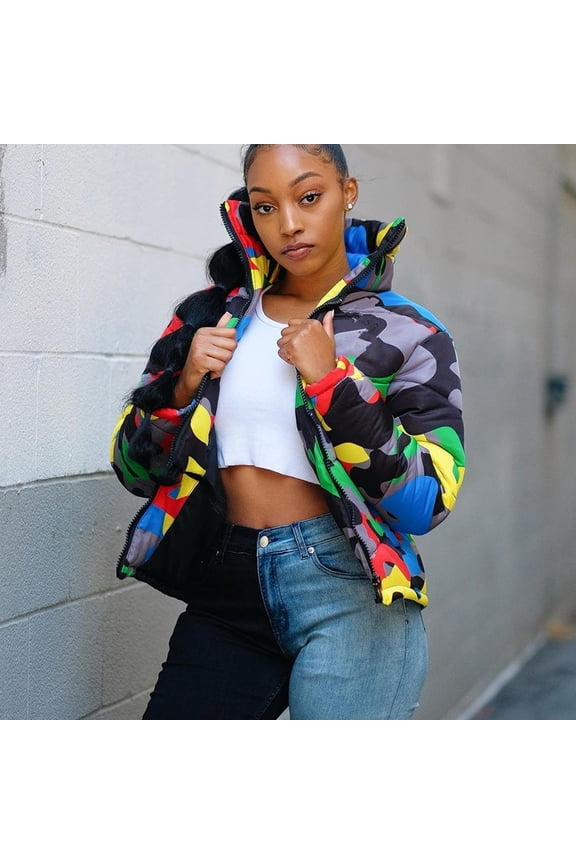 Clearance Jackets Unisex Long Sleeve Glossy Camouflage Bread Down Jacket Zipper Pockets Coat