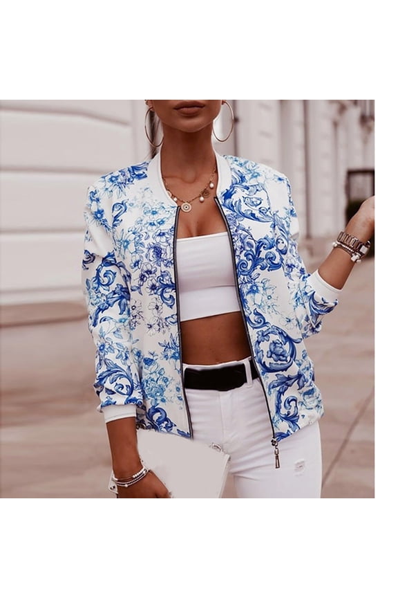 Clearance Jackets Women Retro Print Zipper Design Long Sleeve Jacket Casual Short Coat