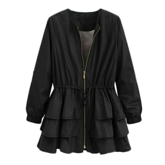 Tejiojio Jackets Women Slim And Long Ruffled Zipper Jacket Outdoor Jackets Waterproof Coat