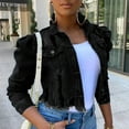 thumbnail image 1 of Tejiojio Clearance Jackets Women's Street Short Lapel Frayed Breasted Denim Puff Sleeve Slim Denim Jacket, 1 of 6