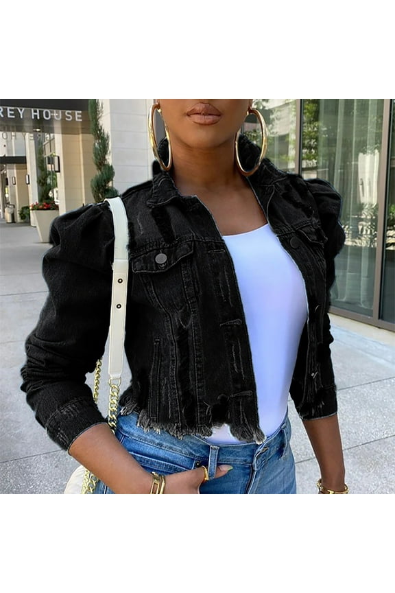 Clearance Jackets Women's Street Short Lapel Frayed Breasted Denim Puff Sleeve Slim Denim Jacket