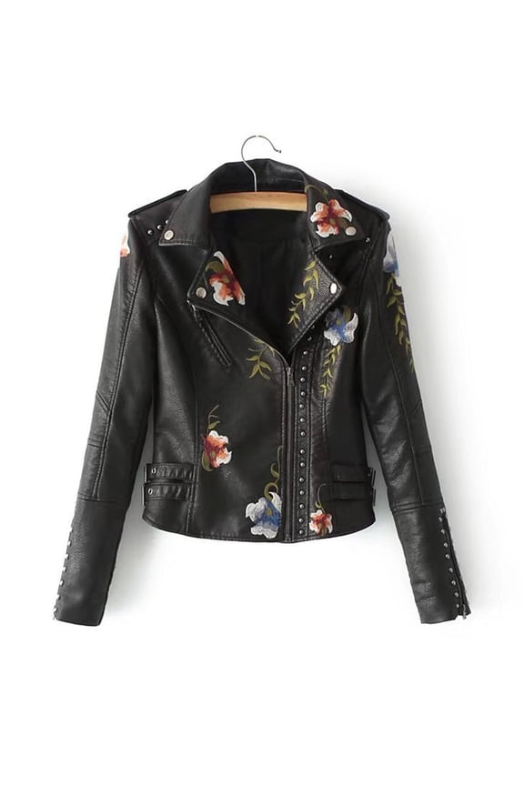 Clearance Jackets Womens Casual Long Sleeve Embroidered Studded Zipper Slim Leather Jacket