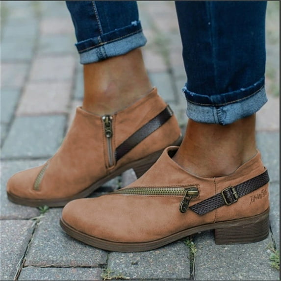 Tejiojio Clearance Large Size Zipper Belt Nude Boots Low-heel Breathable Leather Ankle Boots