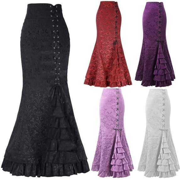 Tejiojio Party Supplies Women Punk Style Retro Mermaid Skirt Vintage Long Ruffle Fishtail Skirt
