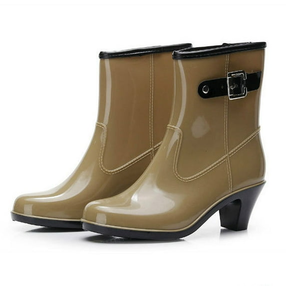 Tejiojio Punk Style Mid Snow Boots Women's Non-Slip Rain Boots High Heel Water Shoes