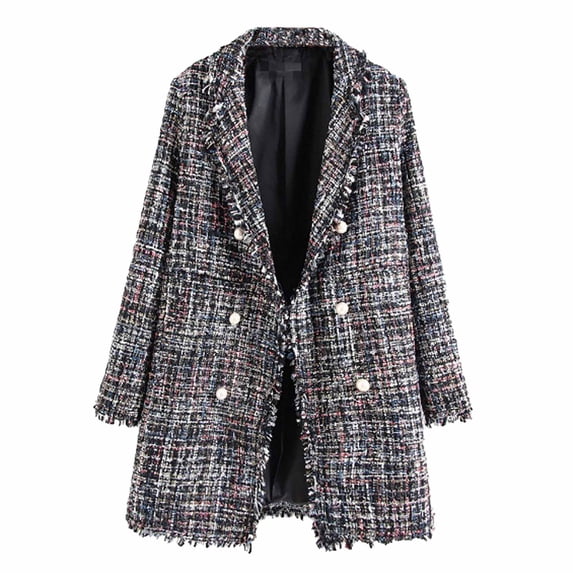 Tejiojio Rollbacks Women's Fashion Mid-Length Long-Sleeved Lattice Pearl Button Plus Size Slim Coat