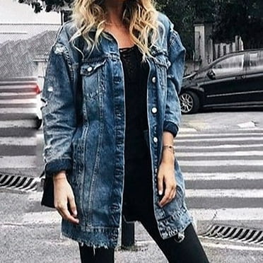 Tejiojio Clearance Rollbacks Women's Mid Length Casual Handsome Denim Trench Coat With Ripped Pockets