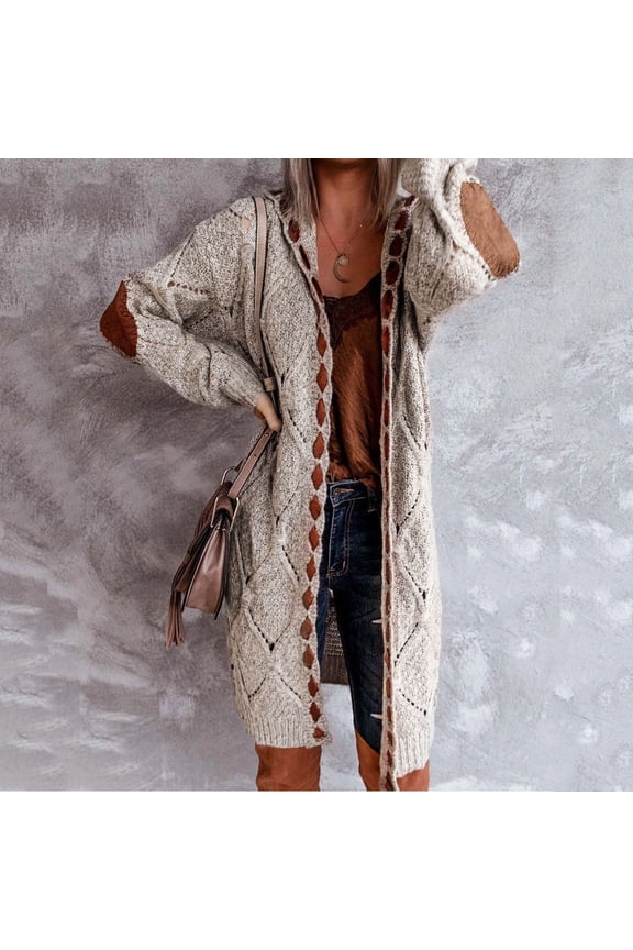 Rollbacks Womens Patchwork Cardigan Long Sleeve Open Front Knit Sweaters Coat Pockets