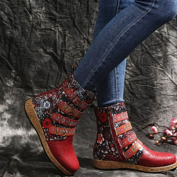 Tejiojio Clearance Vintage Red Boots Large Printed European And American Style Leather Boots