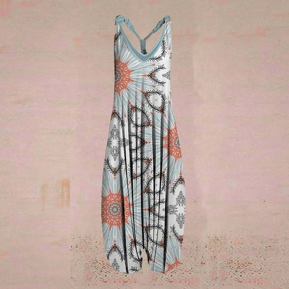 Tejiojio Clearance Vintage Renaissance Outfits Women Casual Print Backless V-Neck Sleeveless Playsuit Jumpsuit