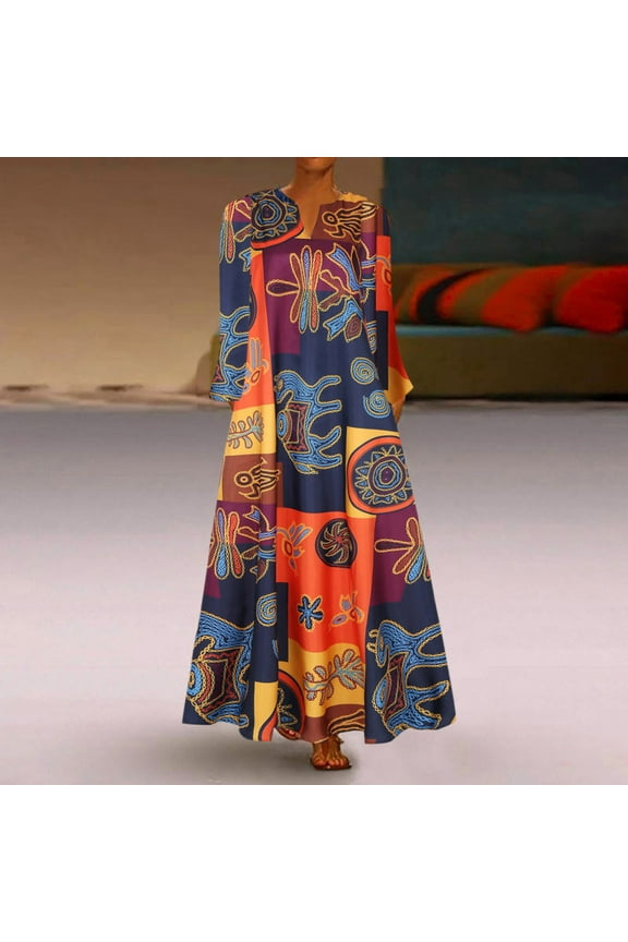 Vintage Renaissance Outfits Women Plus Size Print Daily Casual Long Sleeve Bohemian V Neck Maxi Dres