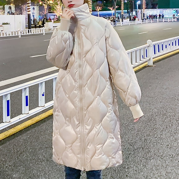 Tejiojio Winter Fashion Woman Middle Length And Thickened Medium Length Stand-Up Collar Down Cotton Jacket Coat