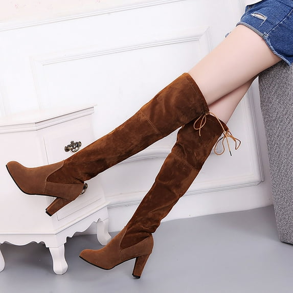 Tejiojio Clearance Winter Warm Women's Rivets Zipper Hoof Heels Riding Horse Funny Mid Calf Boots