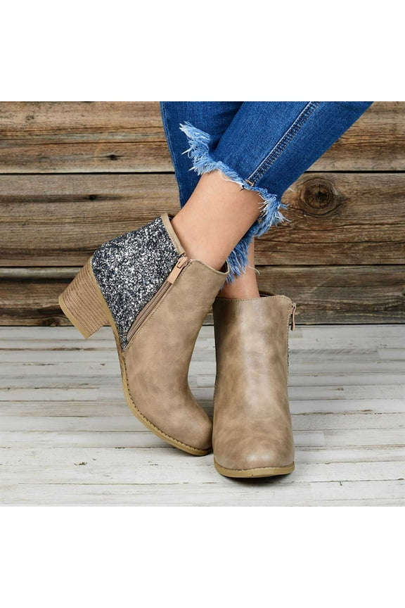 Woman Winter Plus Size Leather Boots High Heeled Thick Heel Sequined Booties Ladies Short Boots