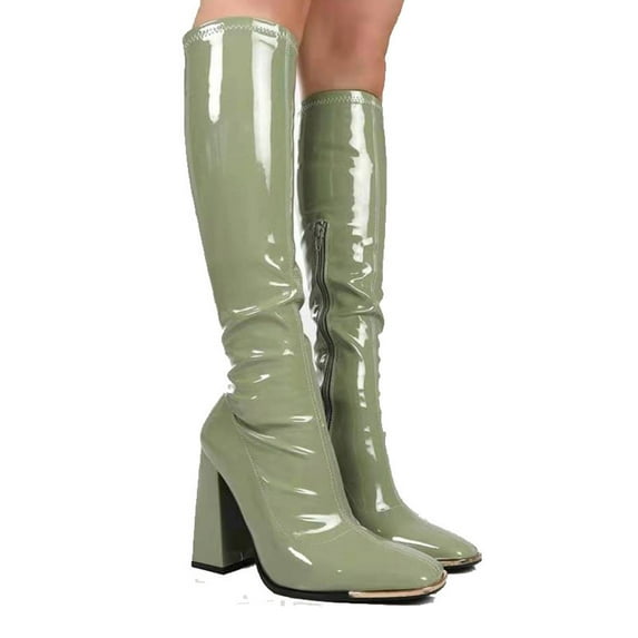 Tejiojio Clearance Woman's Head Thick Heel Bright Leather High Heel Boots Side Zipper Middle Boots