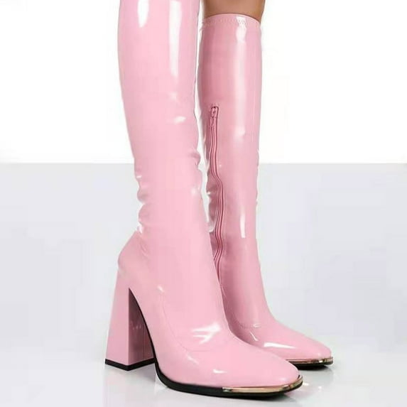 Tejiojio Clearance Woman's Head Thick Heel Bright Leather High Heel Boots Side Zipper Middle Boots