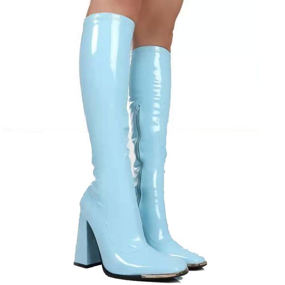 Tejiojio Clearance Woman's Head Thick Heel Bright Leather High Heel Boots Side Zipper Middle Boots