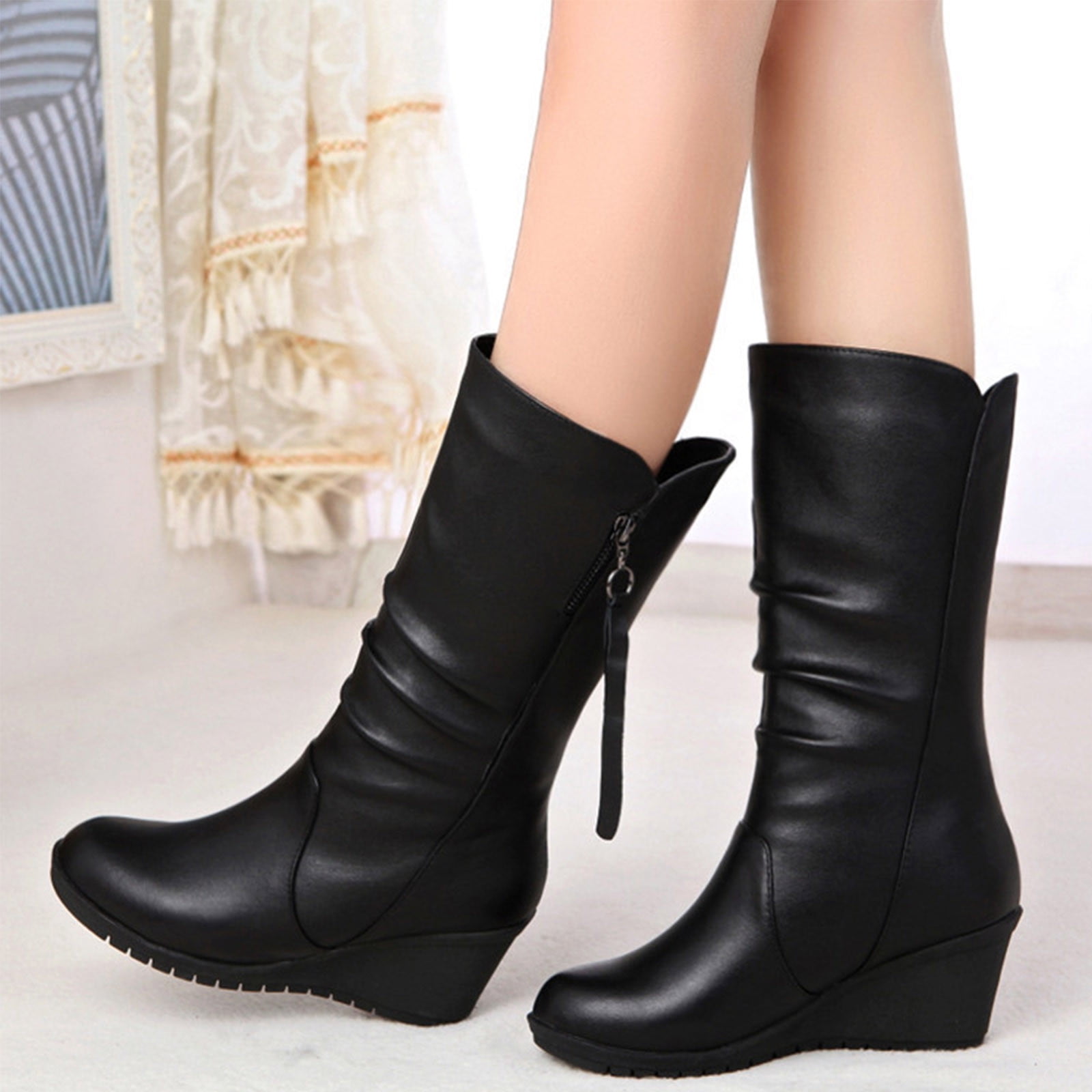 Tejiojio Clearance Women Ankle Boots High Heel Casual Female Fashion  Platform Wedge Heel Zip Mid-Calf Black Shoes
