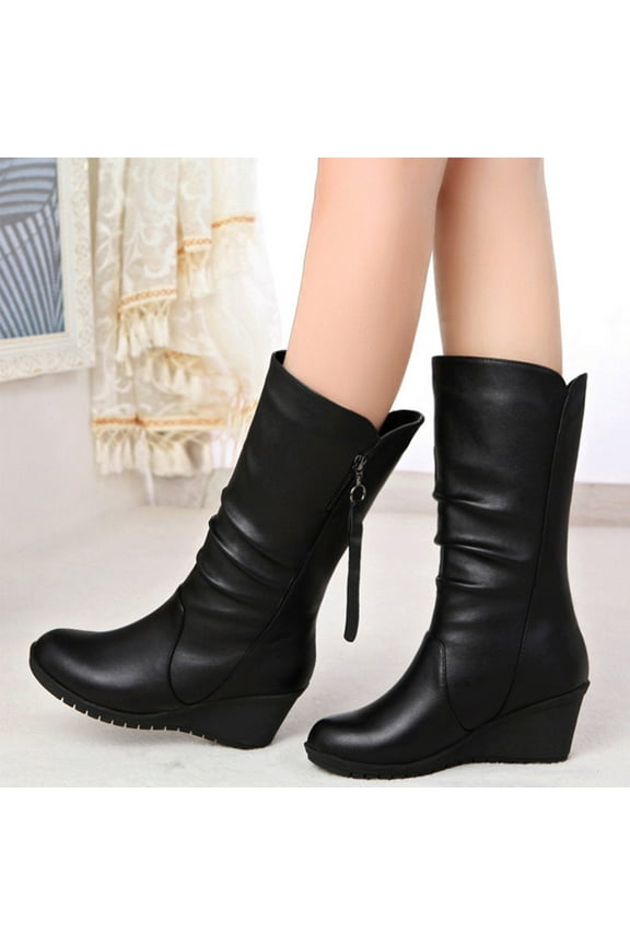 Clearance Women Ankle Boots High Heel Casual Female Fashion Platform Wedge Heel Zip Mid-Calf Black Shoes