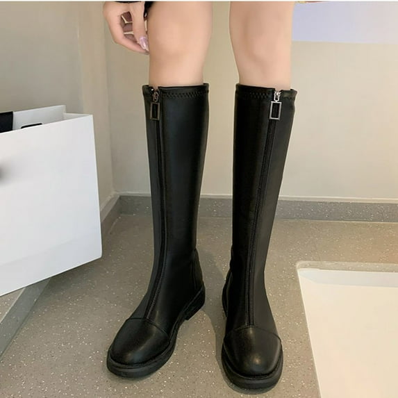 Tejiojio Clearance Women Boots Retro Shoes Casual Flat Boots Plus Size Mid Calf Zipper Boots