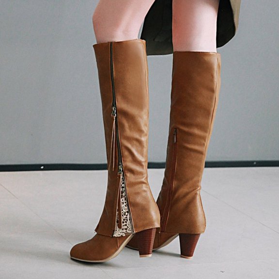 Tejiojio Clearance Women Boots Winter Square High Heel Knee-high Zip Pointed Toe Shoes Fleece Vamp Female Boots