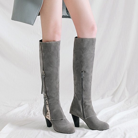 Tejiojio Clearance Women Boots Winter Square High Heel Knee-high Zip Pointed Toe Shoes Fleece Vamp Female Boots
