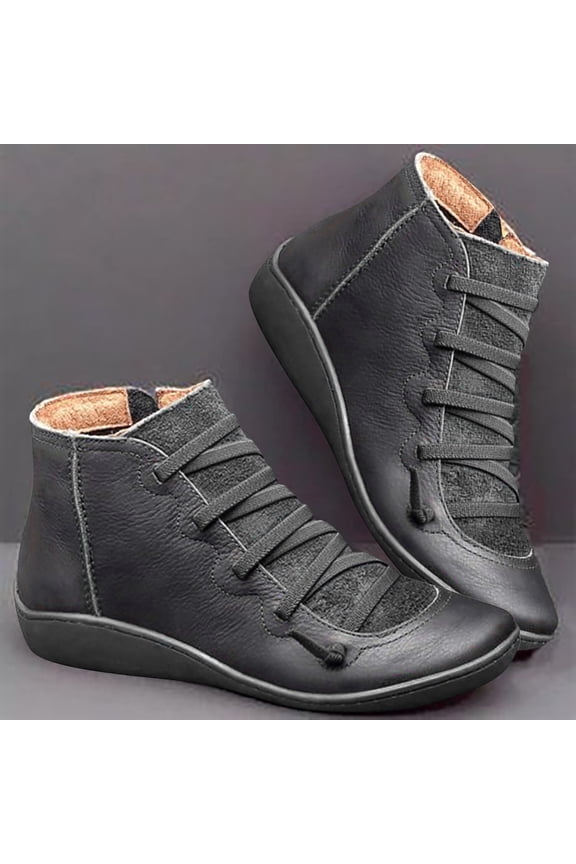 Clearance Women Casual Flat Leather Retro Lace-Up Boots Side Zipper Plus Shoe Boots