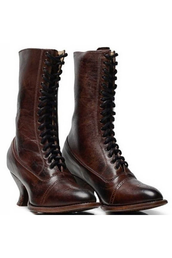 Clearance Women Pointed Toe Lace Spike Heels Punk Med Heels Ankle Boots Shoes