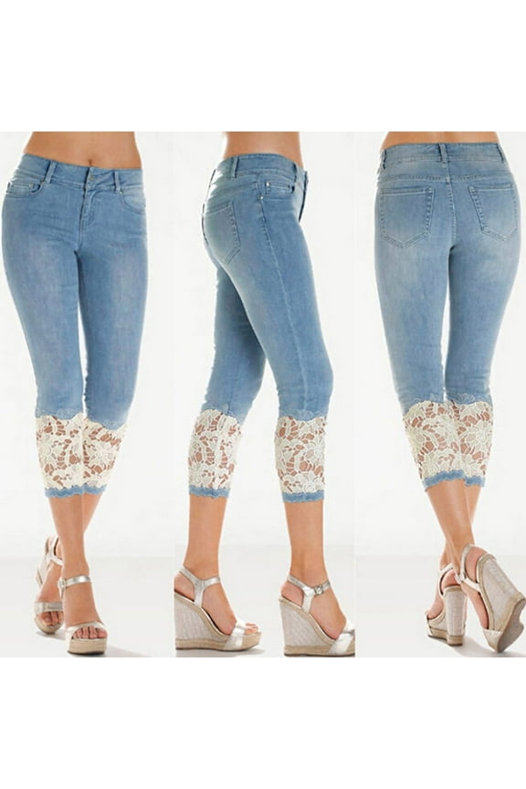 Women Summer Elastic Lace Denim Casual Cropped Trousers Cropped Jeans