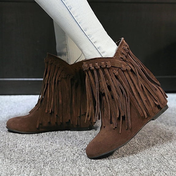 Tejiojio Clearance Women's Boots Mid Heel Pointed Toe Boots Slip-on Shoes Warm Boots Ankle Boots Soild Tassel Retro Shoes Cowboy Boots