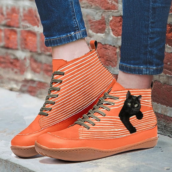 Tejiojio Clearance Women's Comfortable Booties Cat Print Leather Flat Heel Boots Retro Shoes