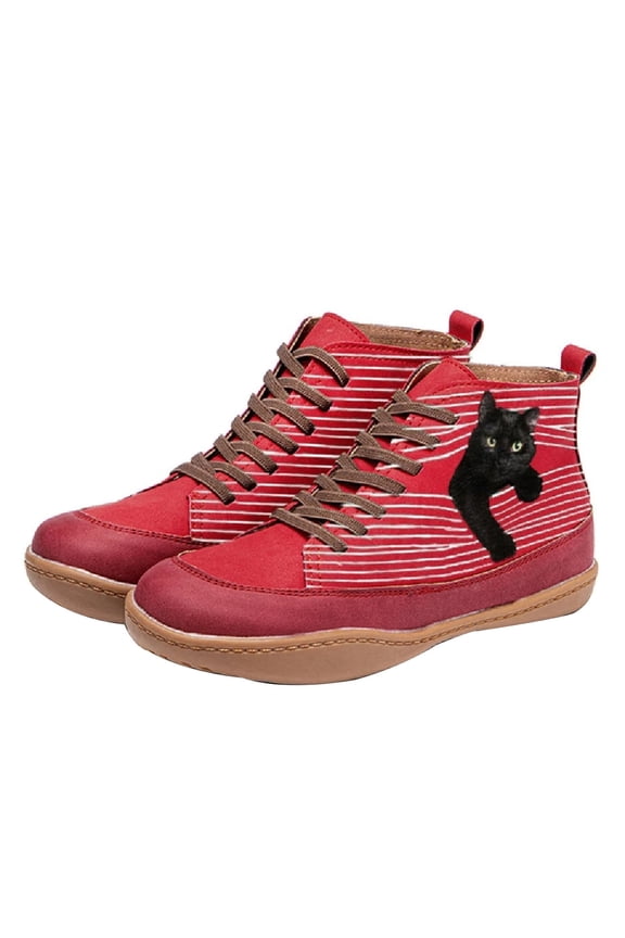 Clearance Women's Comfortable Booties Cat Print Leather Flat Heel Boots Retro Shoes