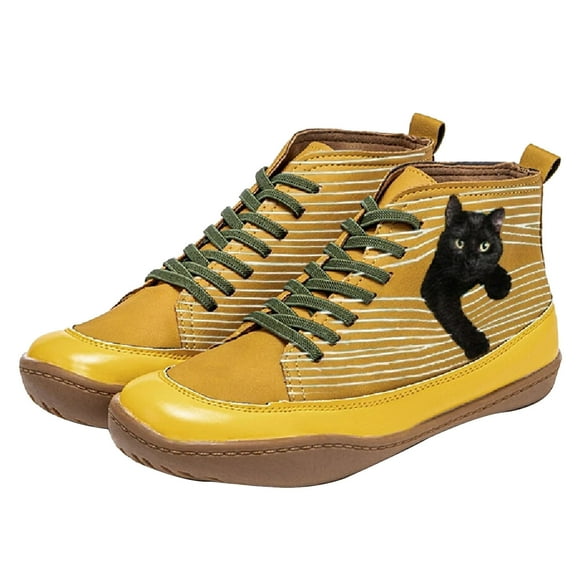 Tejiojio Clearance Women's Comfortable Booties Cat Print Leather Flat Heel Boots Retro Shoes