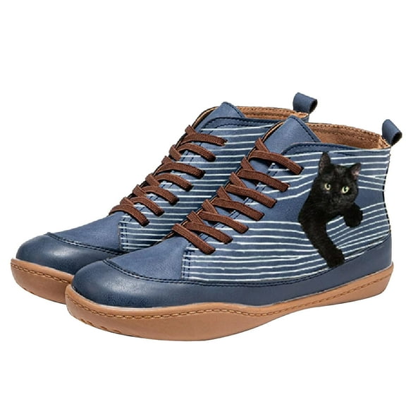 Tejiojio Women's Comfortable Booties Cat Print Leather Flat Heel Boots Retro Shoes