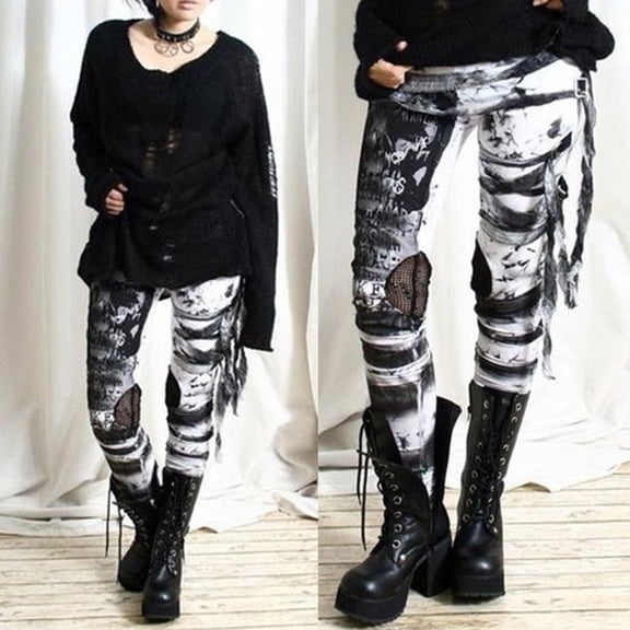 Tejiojio Clearance Women's Cool Ultra Gathered Pants Gothic Rocker Distressed Punk Tie Leggings