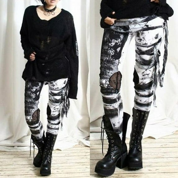 Tejiojio Clearance Women's Cool Ultra Gathered Pants Gothic Rocker Distressed Punk Tie Leggings