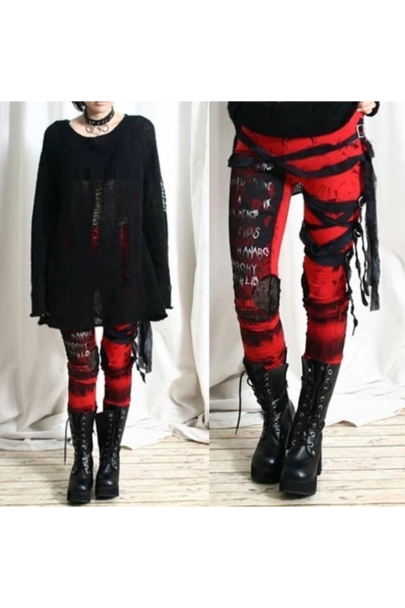 Women's Cool Ultra Gathered Pants Gothic Rocker Distressed Punk Tie Leggings