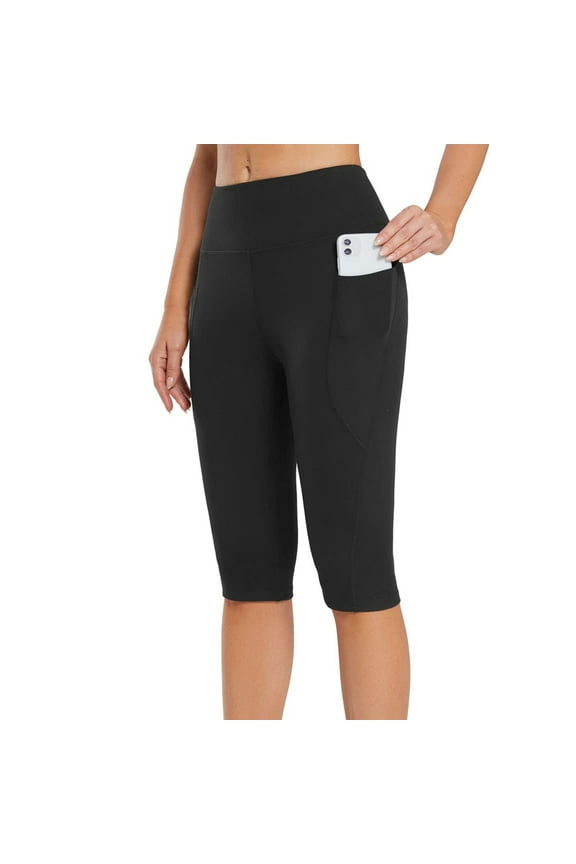 Clearance Women's Knee Length Leggings High Waisted Yoga Workout Exercise Capris For Casual Summer With Pockets