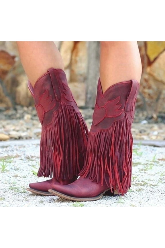 Clearance Women's Leather Square Toe Tassel Low-heeled Shoes Western Ankle Cowboy Boots