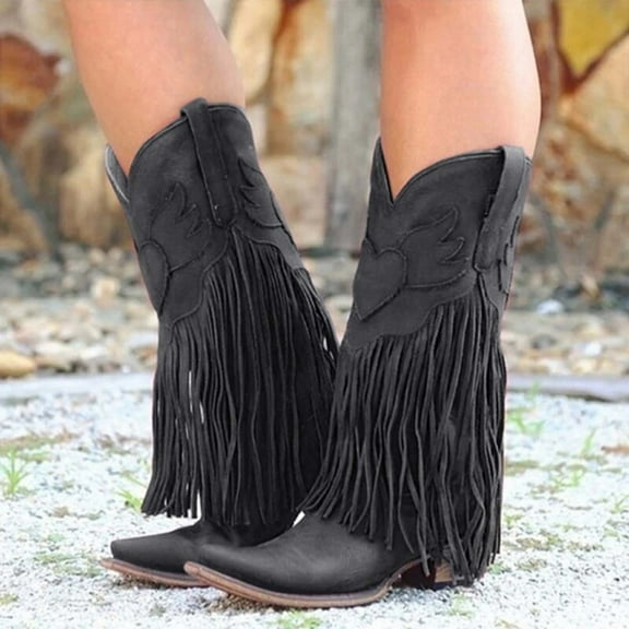 Tejiojio Clearance Women's Leather Square Toe Tassel Low-heeled Shoes Western Ankle Cowboy Boots