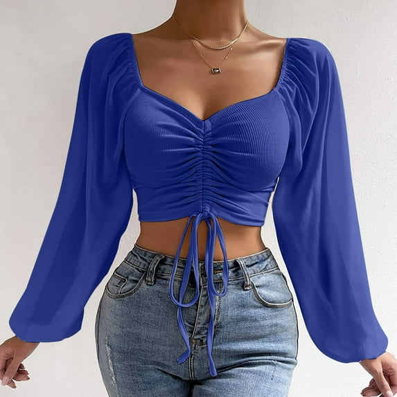 Tejiojio Clearance Women's Long Sleeve Mesh Solid Color Drawstring V-Neck Cropped Top Blouse