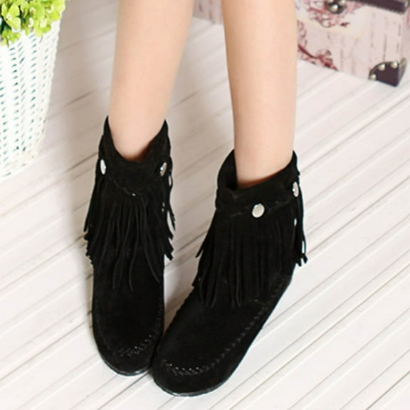 Tejiojio Clearance Women's Retro Shoes Casual Fashion Solid Color Fringed Frosted Suede Flat Inner Height Ankle Boots