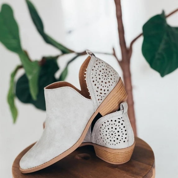 Tejiojio Clearance Women's Retro Solid Color Low Heel Hollow Out Fashion Short Leather Boots