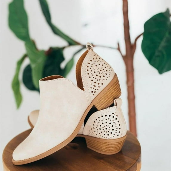 Tejiojio Clearance Women's Retro Solid Color Low Heel Hollow Out Fashion Short Leather Boots