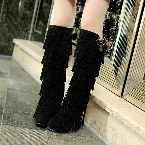 Tejiojio Clearance Women's Shoes Retro Solid Color Ethnic Style Suede Fringed Metal Decoration Female High Boots