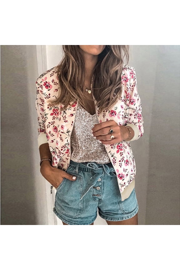 Womens Ladies Casual Retro Floral Zipper Up Jacket Casual Coat Outwear